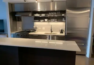 Restaurant-style chef's kitchen in South Loop with stainless steel cabinets, stone quartz countertops, and subway tile backsplash