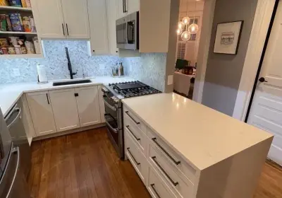 Space-optimized small kitchen renovation in Lakeview with higher IKEA cabinets for maximum storage and functional layout design
