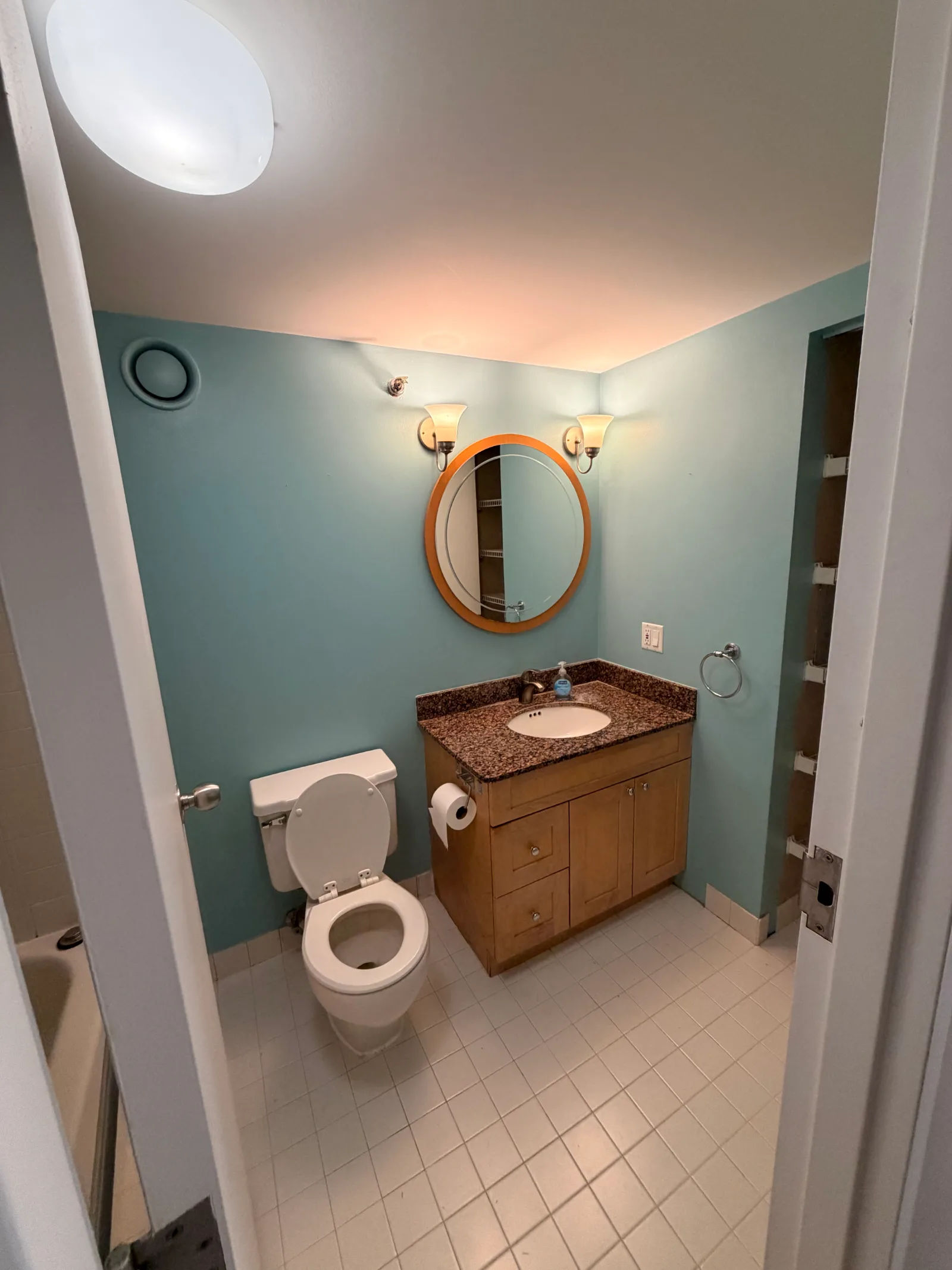 Before -- original bathroom condition with sea-glass blue paint at 124 W Polk, The Lex, Printers Row, documented before demolition by Assembly Squad