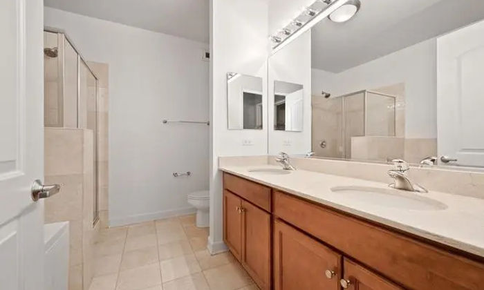 Before bathroom renovation The Chandler Condominiums Chicago -- builder-grade oak vanity beige tile Hollywood strip light