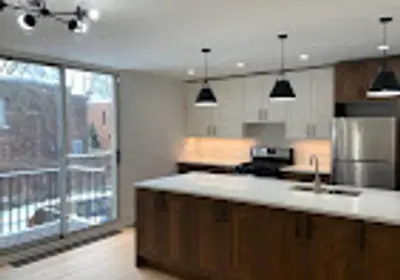 Open concept townhouse kitchen remodel Chicago with wall removal between kitchen and living room in Hyde Park 60615