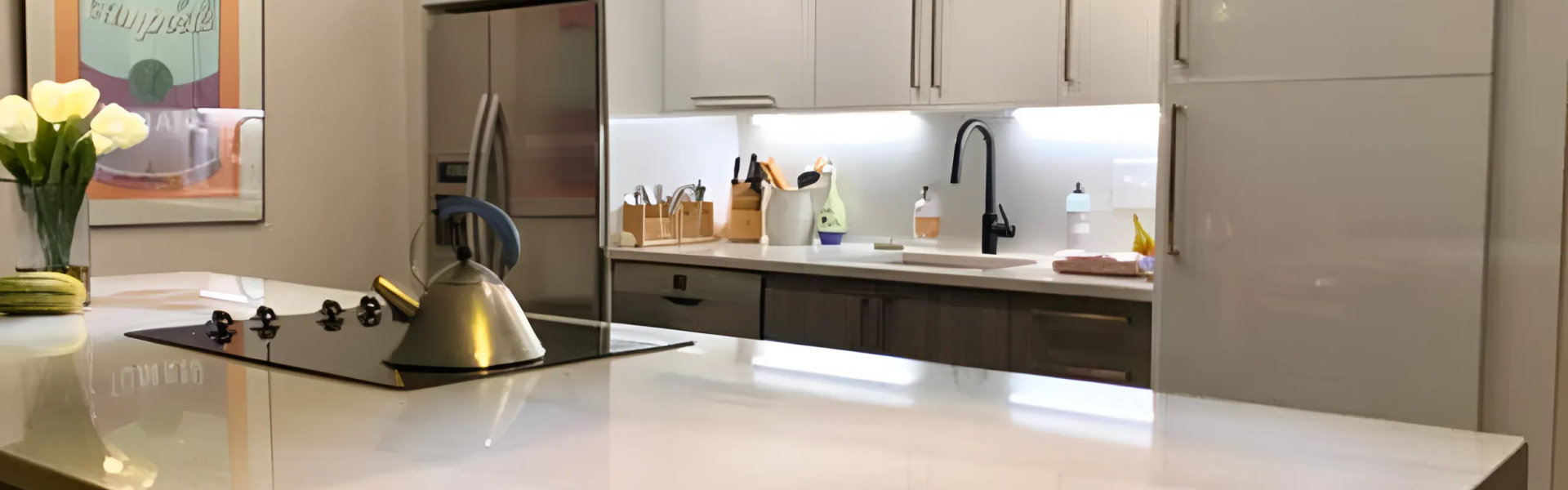 800 Elgin Rd Evanston condo kitchen remodel 2026 -- IKEA Semihandmade custom doors Vicostone Misterio quartz open concept Optima Horizons before after