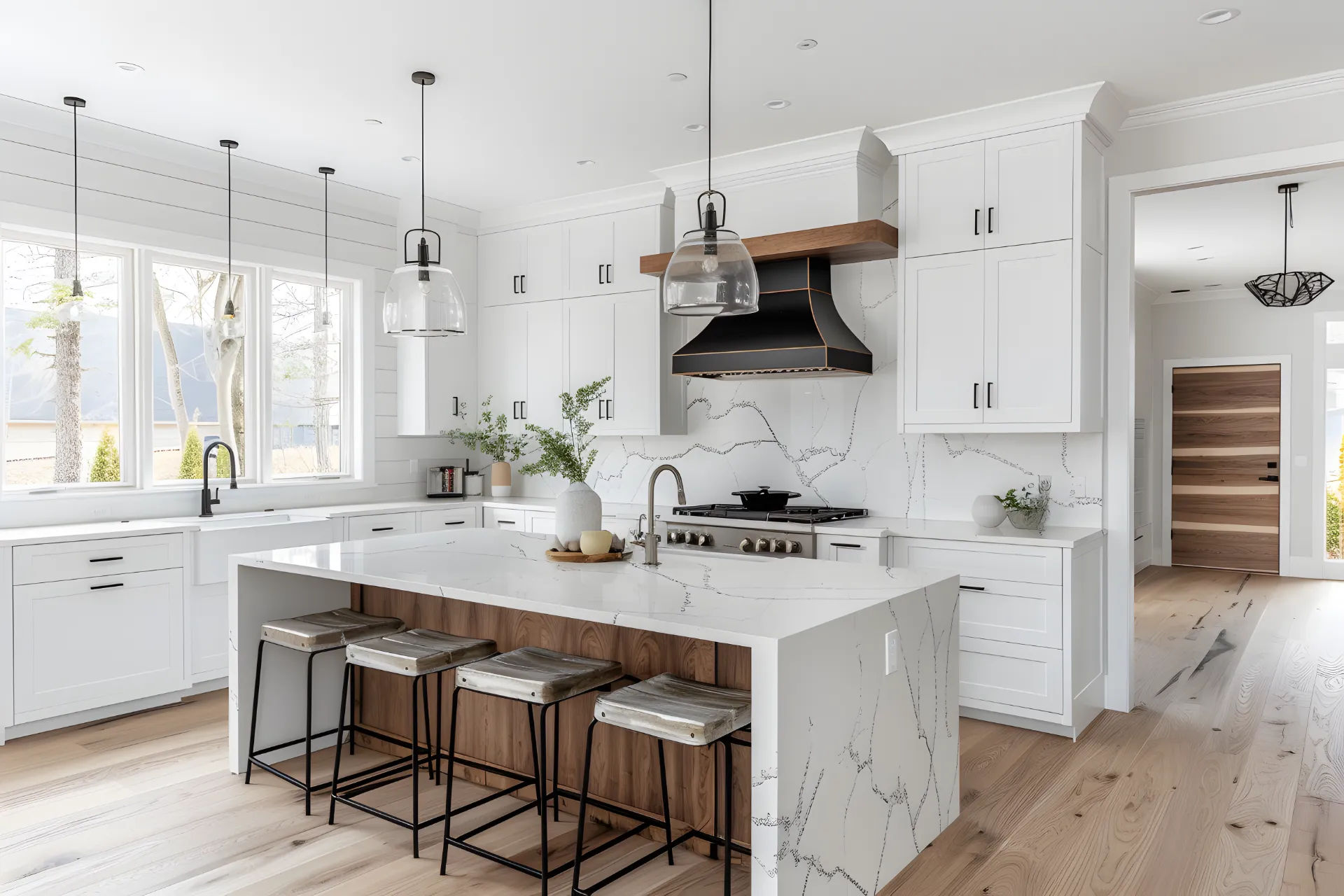 Modern kitchen remodeling package Chicago - Premium white kitchen with island and quartz countertops