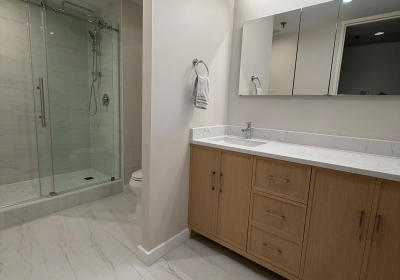 New walk-in shower 680 Lake Shore Drive Streeterville tub-to-shower conversion waterproofed tile