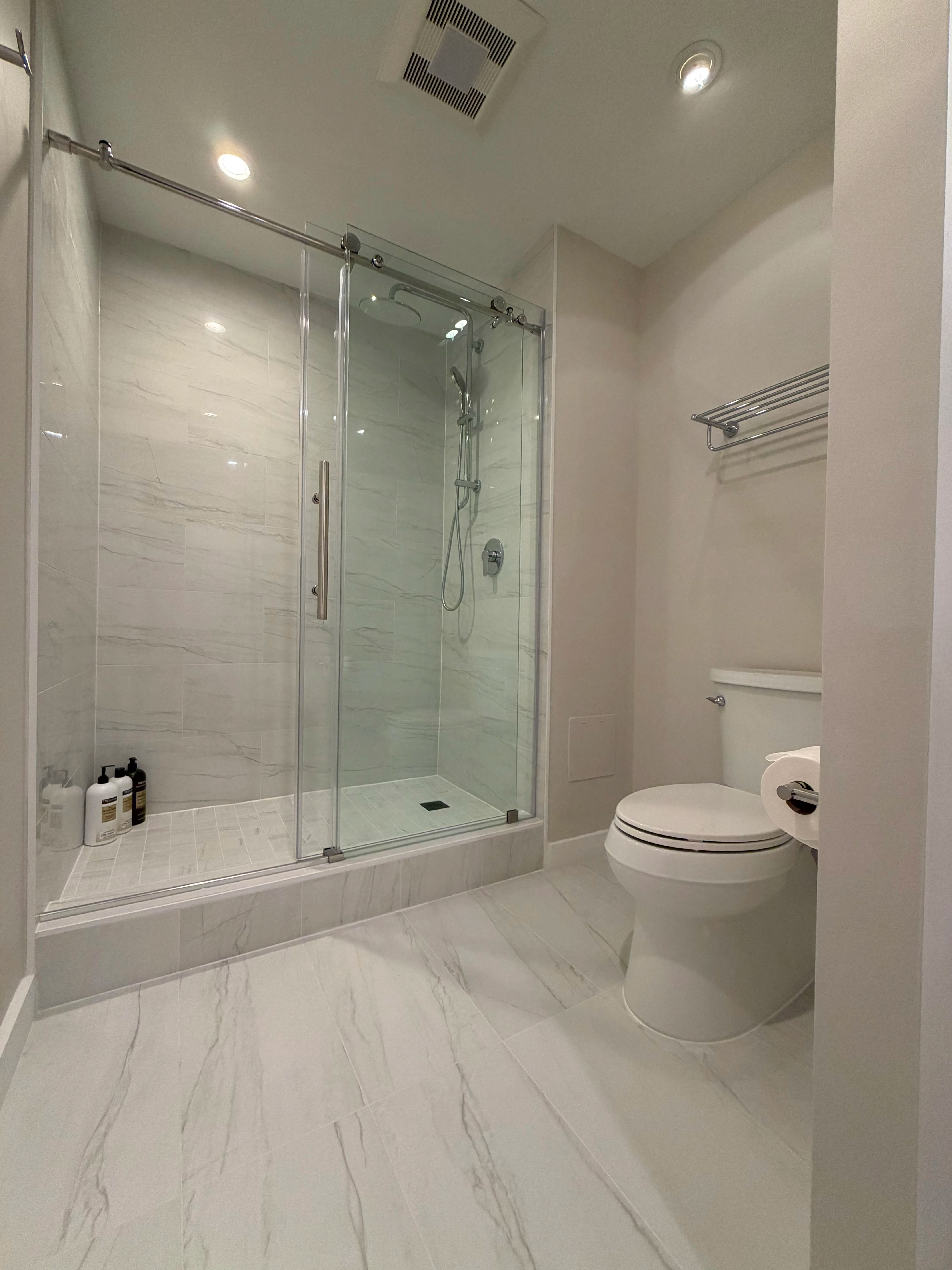 680 Lake Shore Drive bathroom remodel by Assembly Squad -- modern walk-in shower Streeterville Chicago