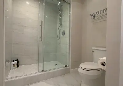 680 Lake Shore Drive Streeterville bathroom remodel with tub-to-shower conversion, custom concrete base, and modern minimal design