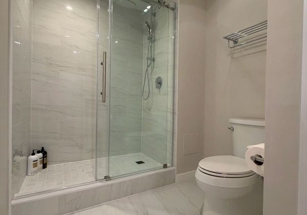West Loop bathroom remodeling -- walk-in shower conversion with designer tile and quartz vanity