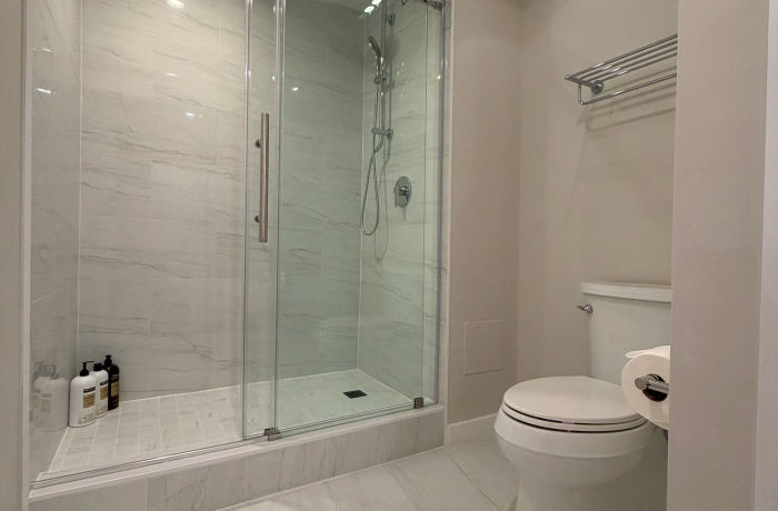 680 Lake Shore Drive Streeterville bathroom after remodel -- modern walk-in shower with quartz vanity, Chicago