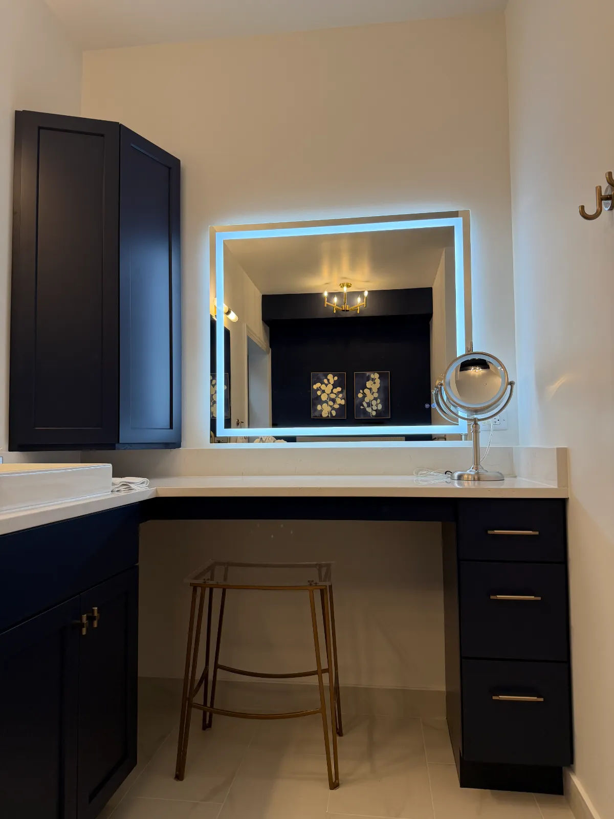 Navy bathroom vanity backlit mirror Chicago