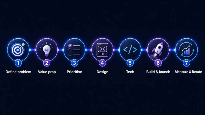 MVP development process — define problem, value prop, prioritise, design, tech, build and launch, measure and iterate