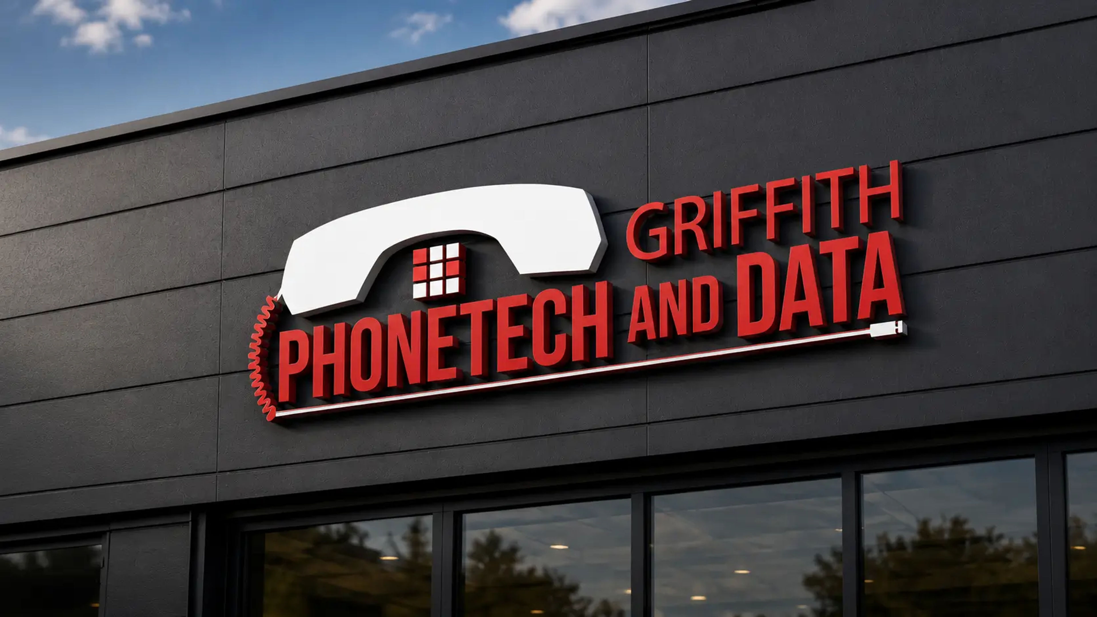 Griffith Phonetech & Data building signage mockup showing the logo applied to exterior signage.