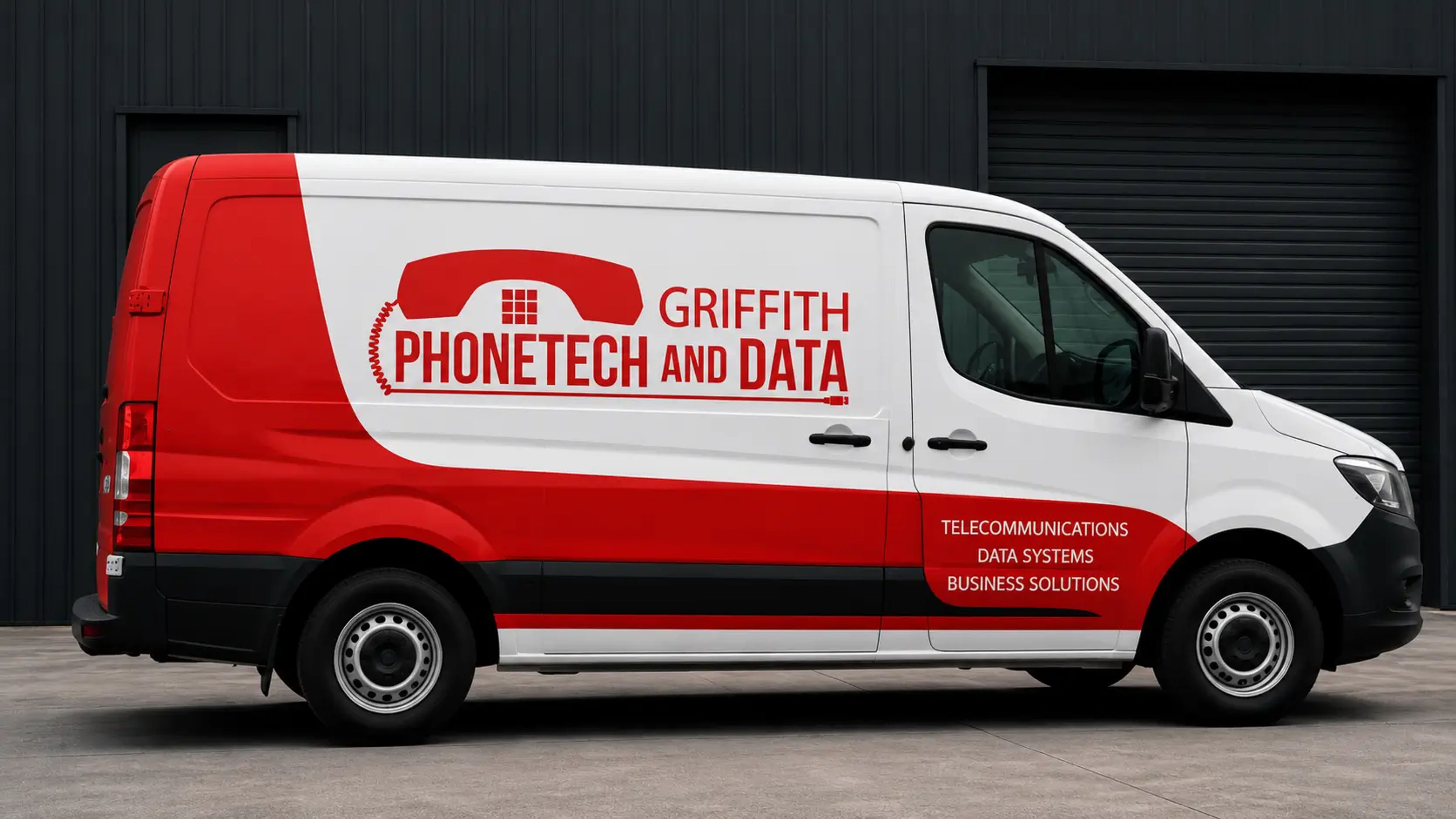 Griffith Phonetech & Data vehicle signage mockup showing the logo applied to a service vehicle.