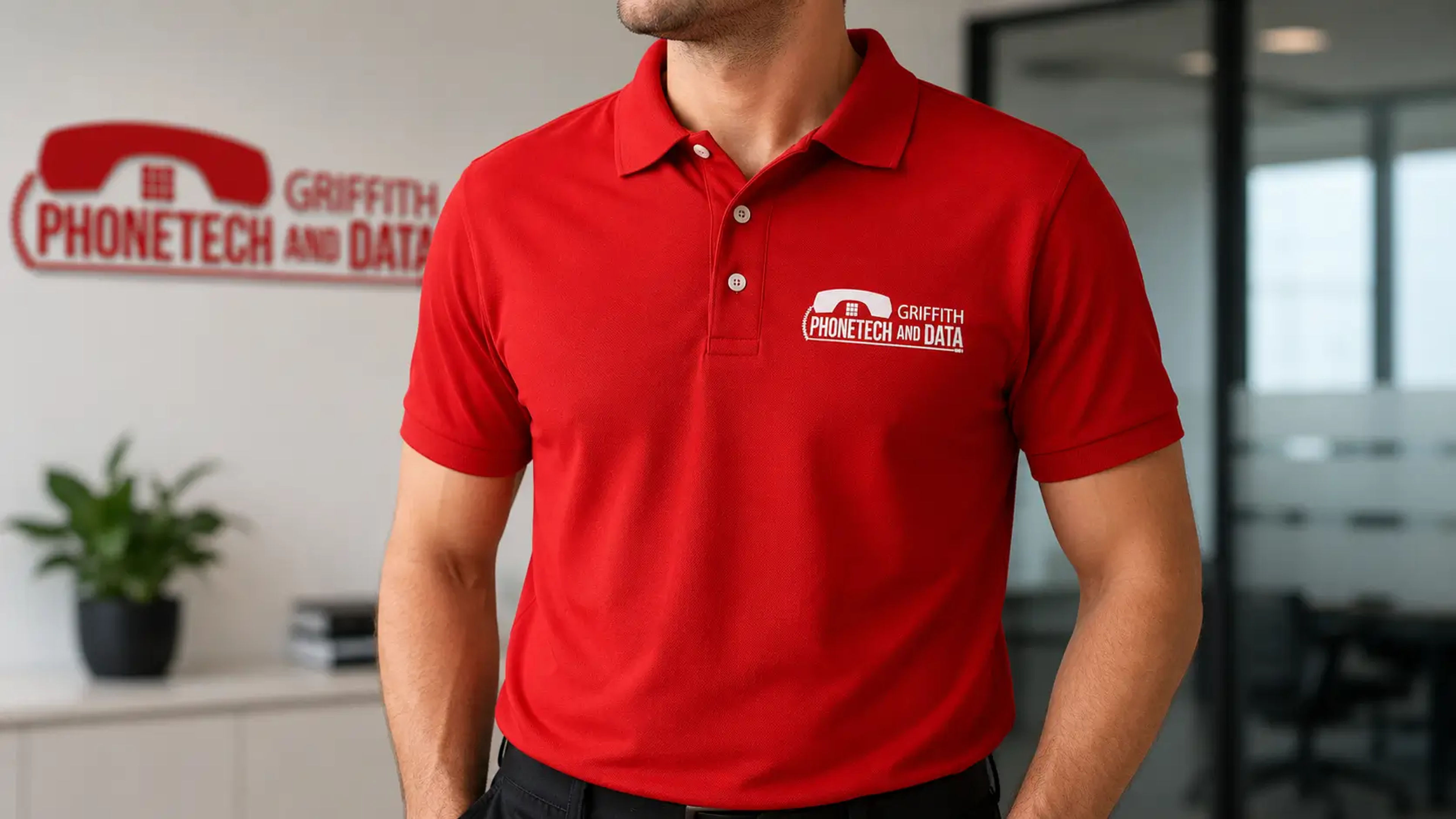 Griffith Phonetech & Data t-shirt and merchandise mockup showing the logo applied to branded apparel.
