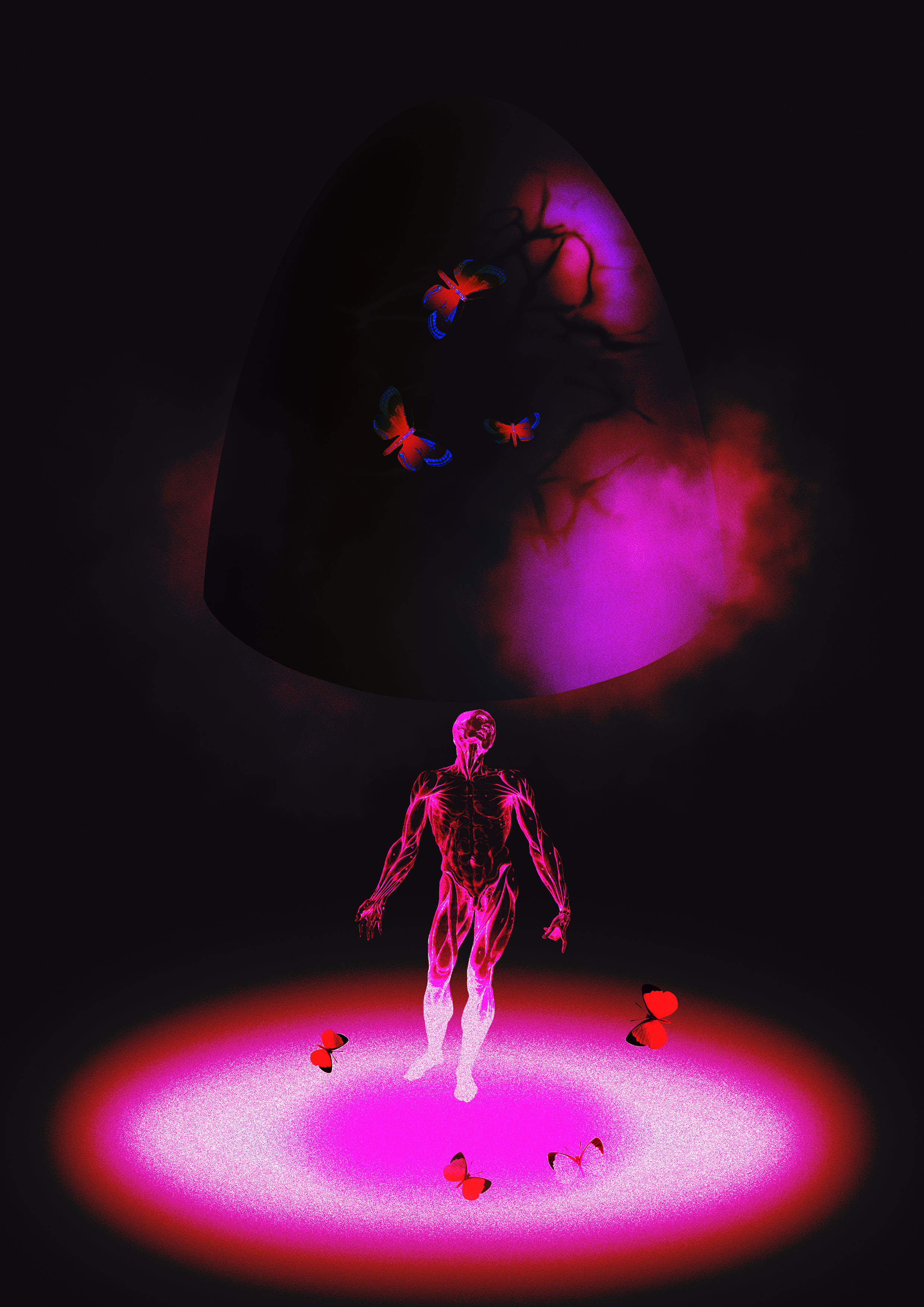 collage of a human figure being abducted amongst the clouds