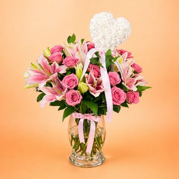 Pink Lily & Rose Vase Arrangement with Heart Detail | Mothers Day