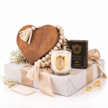 A timeless gift featuring blessing beads, a wooden heart and Cape Island Black Gold candle — beautifully wrapped and ready to spoil someone special.