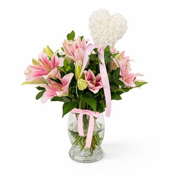 Pink Lilies in a Vase with Heart Decoration | Gemma Bloom