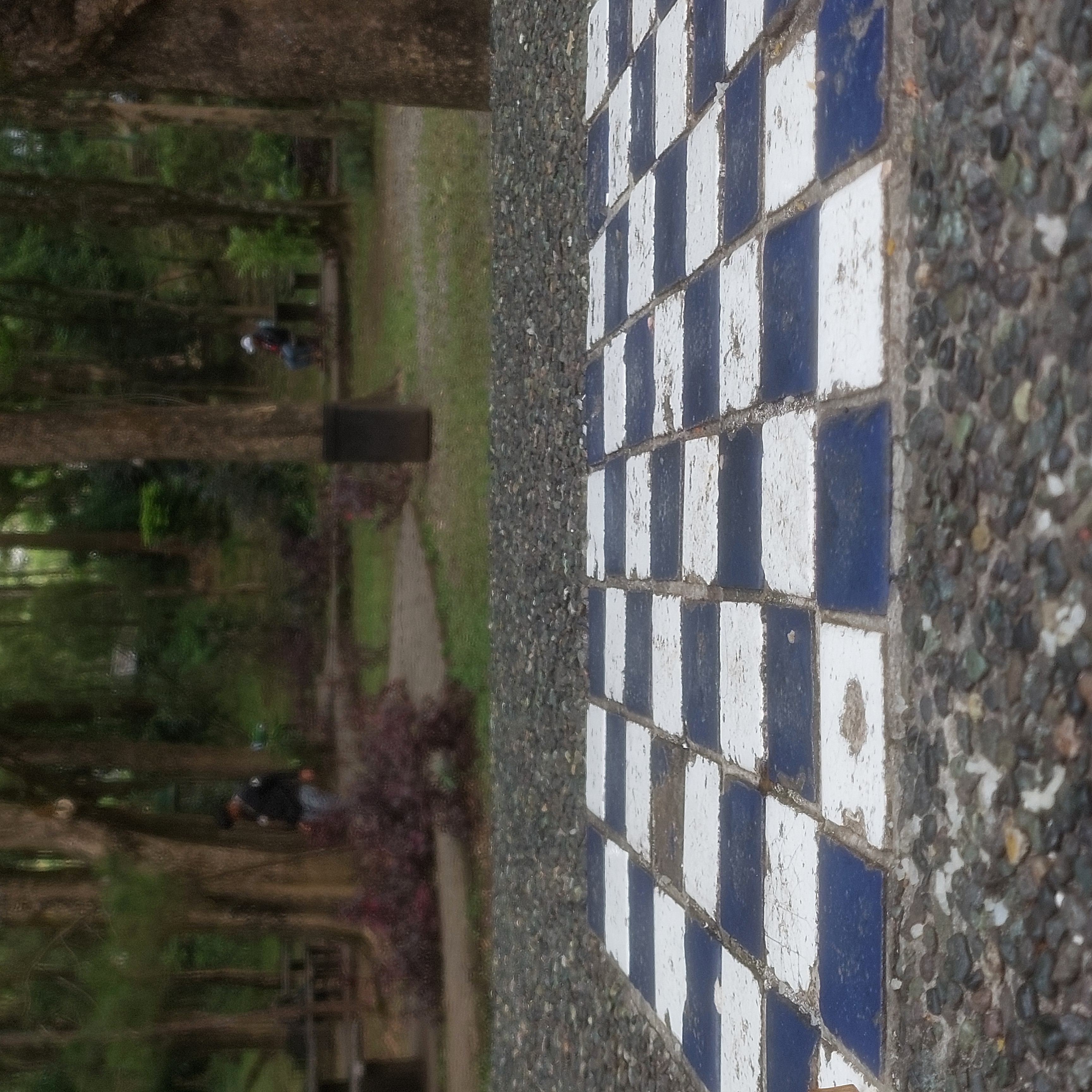 A chessboard embedded in a stone table in a park with a lot of trees.