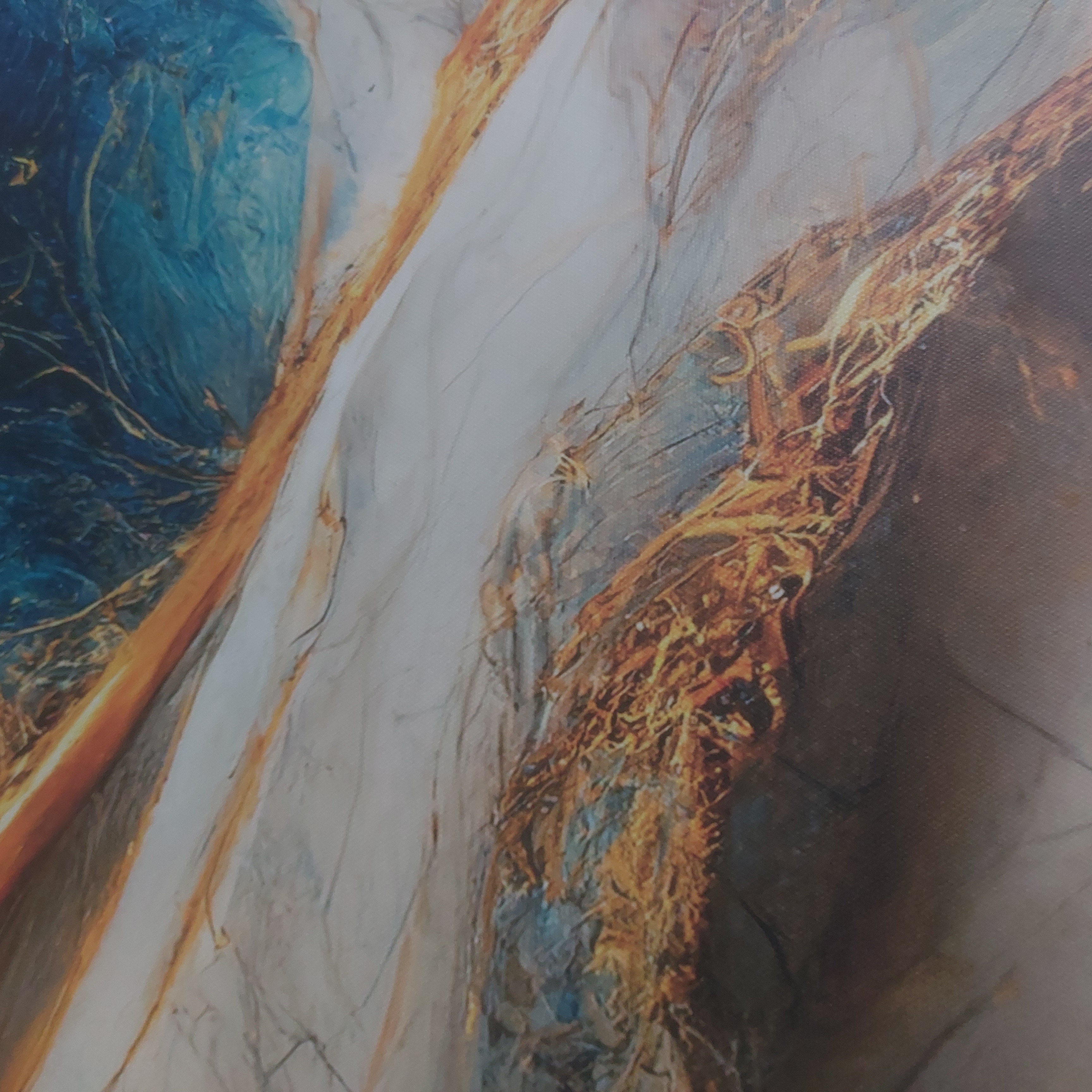 A print consisting of ochre, sea blue, and marble patterns.