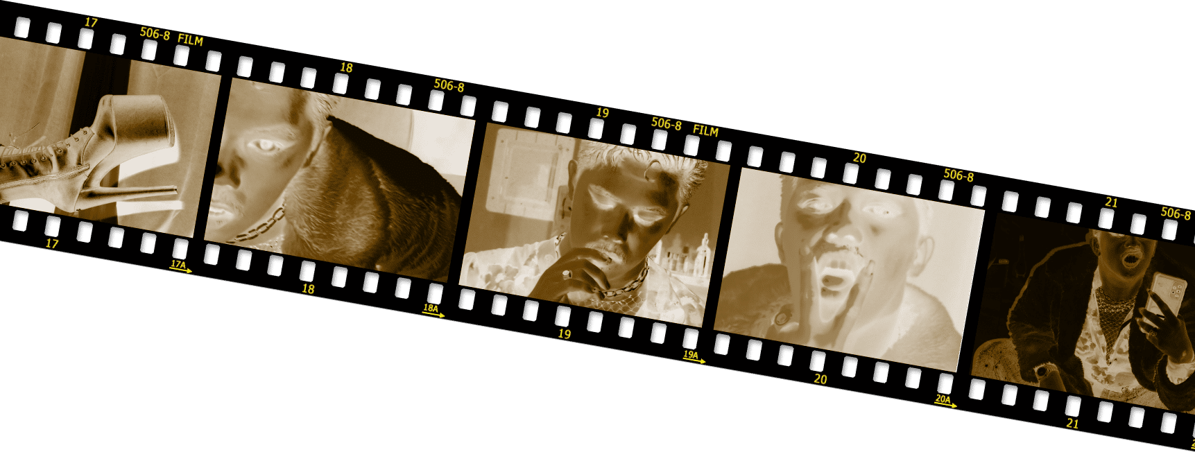 A filmstrip of negatives from the LoveDrug photoshoot.