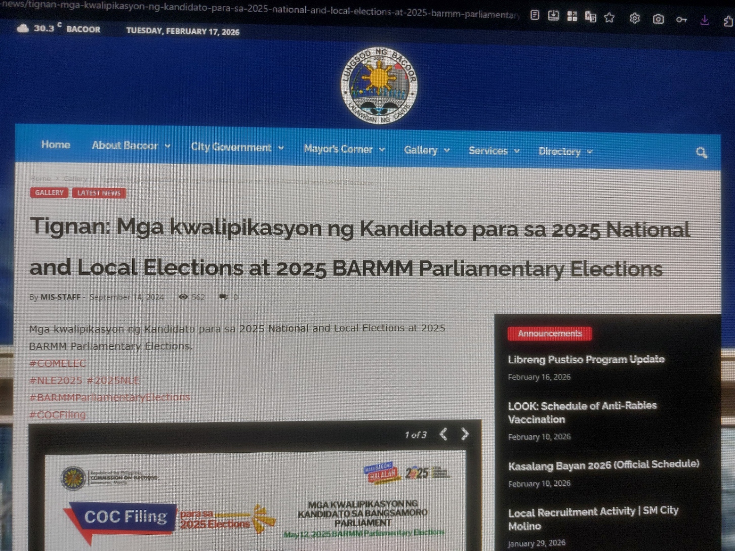 Screenshot of headline from Bacoor.gov.ph: “Tingnan: Mga kwalipikasyon ng Kandidato para sa 2025 National and Local Elections at 2025 BARMM Parliamentary Elections.”