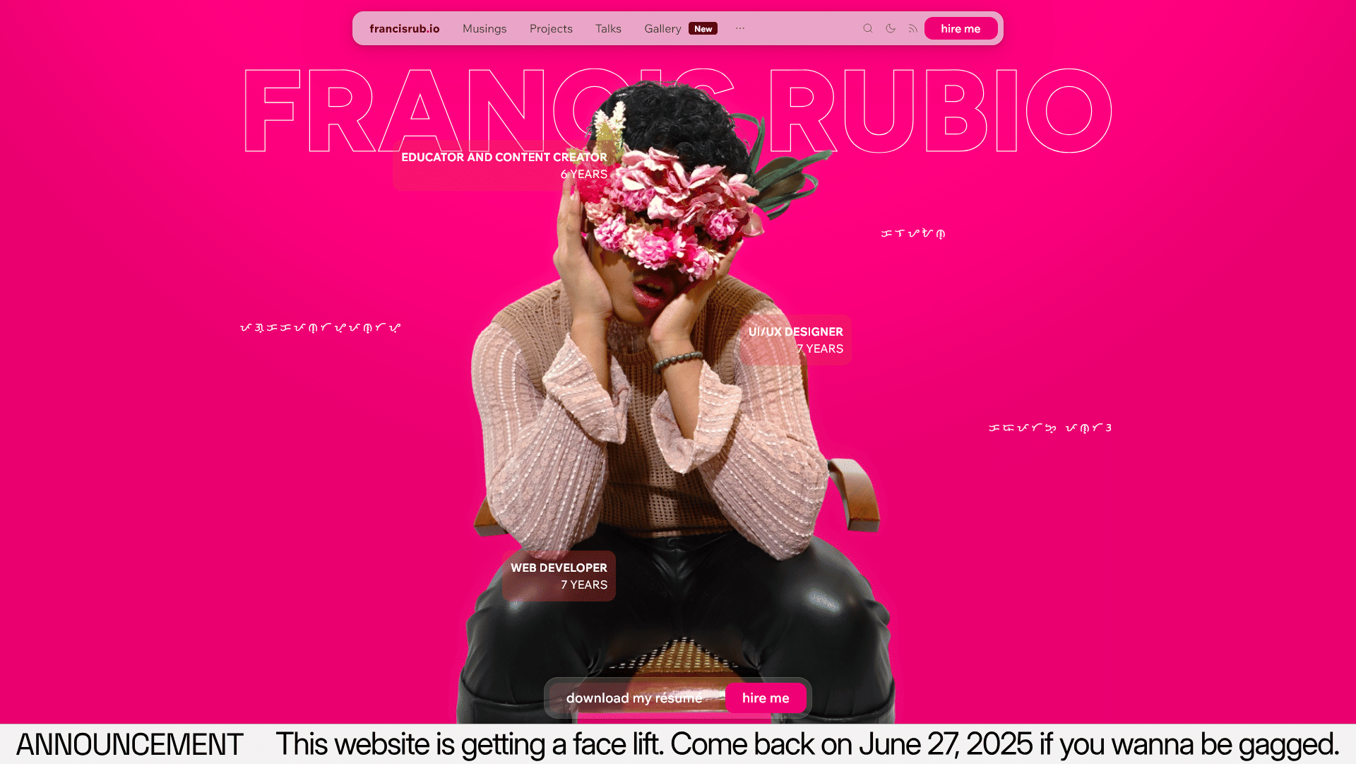 A banner in the version 4.3 website that says “ANNOUNCEMENT: This website is getting a face lift. Come back on June 27, 2025 if you wanna be gagged.”