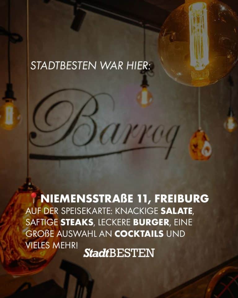 Aus einer regionalen Social Media Kampagne für das Barroq in Freiburg. "StadtBESTEN war hier: Niemensstraße 11, Freiburg. Auf der Speisekarte: Knackige Salate, saftige Steaks, leckere Burger, eine grpße Auswahl an Cocktails und vieles Mehr!