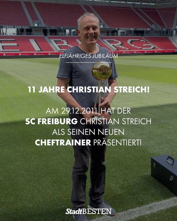 Bild von Christian Streich, Trainer des SC Freiburg. Beitrag auf der Seite StadtBesten von VISUAL STATEMENTS®. "Elfjähriges Jubiläum. 11 Jahre Christian Streich! Am 29.12.2011 hat der SC Freiburg Christian Streich als seinen Cheftrainer präsentiert."