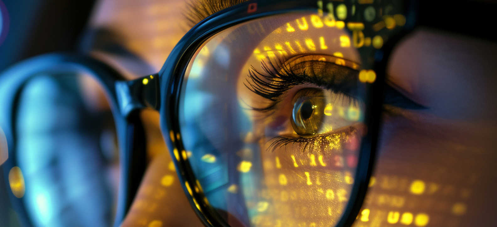 Close up image of eyes and glasses with reflected in yellow