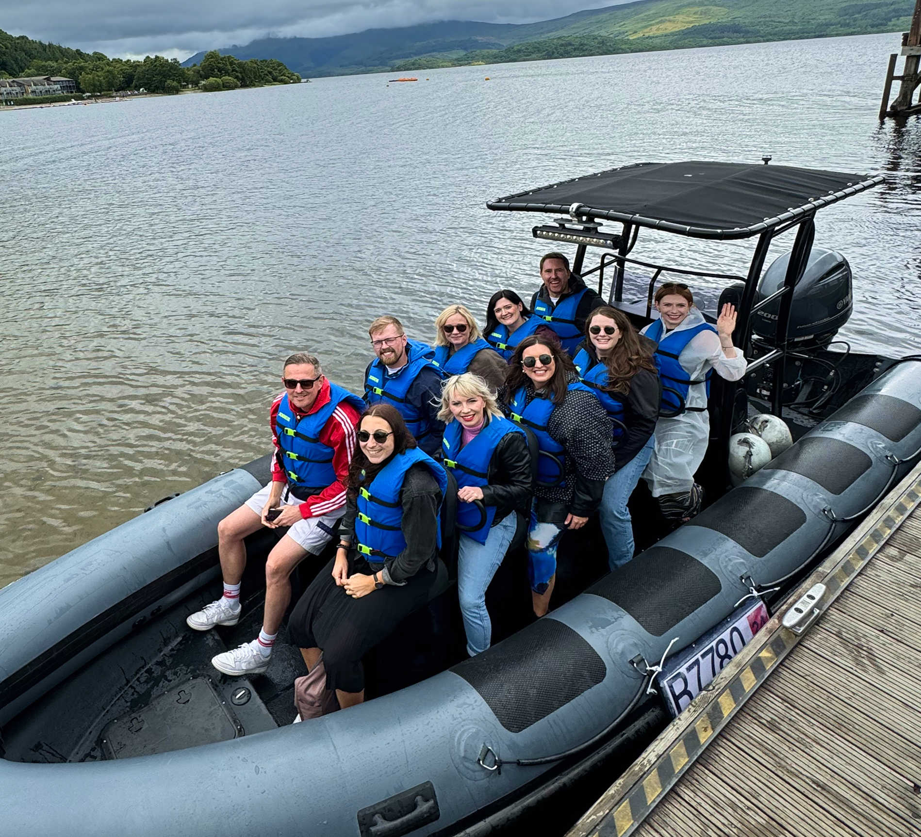 8 Million Stories team on a speed boat tour on Loch Lomond.
