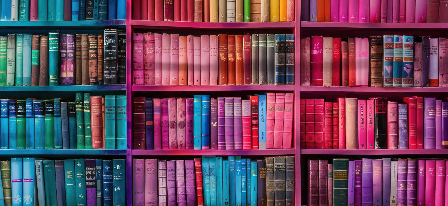 A bookshelf full of colourful books.
