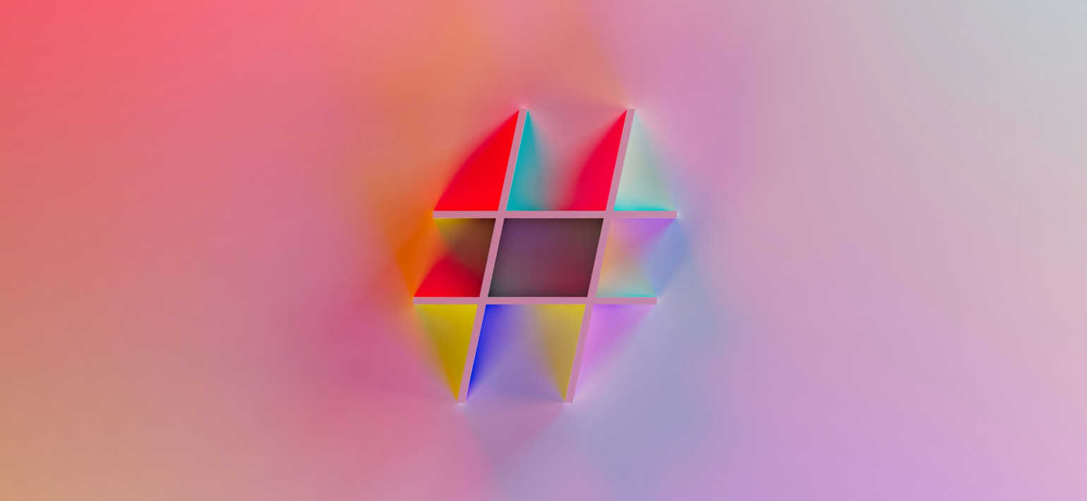 A graphic of a colourful hashtag against a pink gradient background.