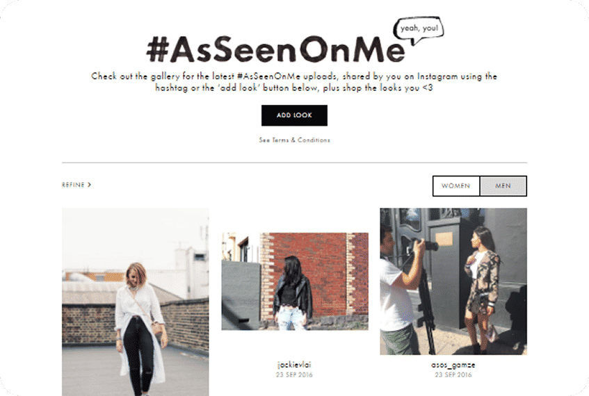 A web page titled "#AsSeenOnMe" featuring images of outfits along with usernames and the dates they were posted.