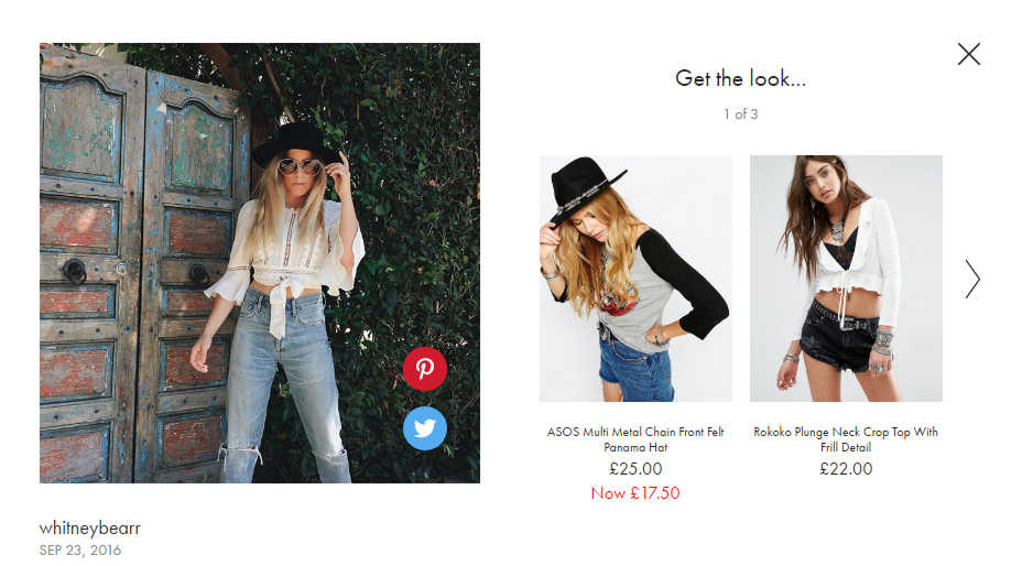 An image of a woman wearing a black hat, white top and blue jeans, with details of how to get the look, including where to buy each item.