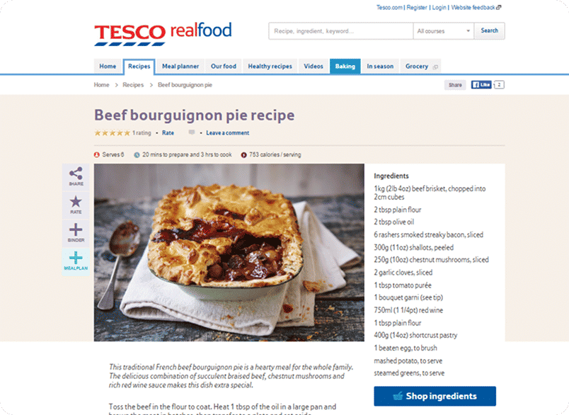 A screenshot of Tesco's website showing a recipe for beef bourguignon pie, with the ingredients listed on the right hand side.