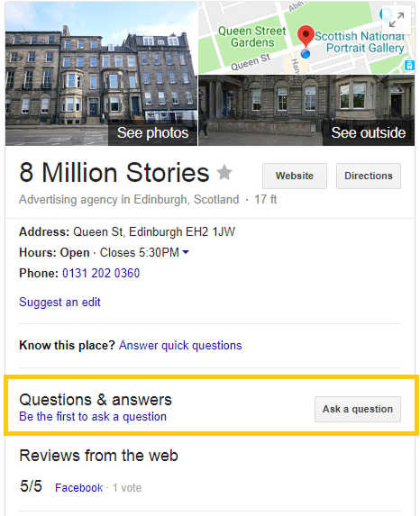 A screenshot of the Google location listing for 8 Million Stories with a yellow box highlighting the questions & answers section.