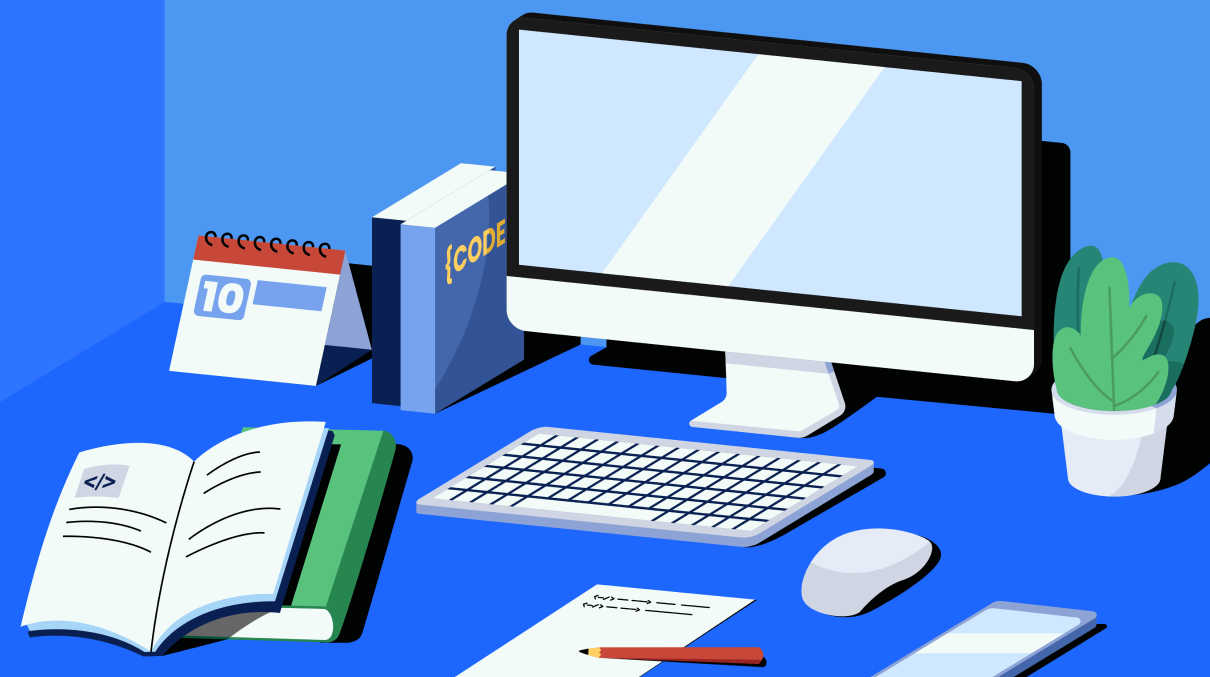 A graphic of a blue desk with a computer, mouse, keyboard, plant, calendar and books.