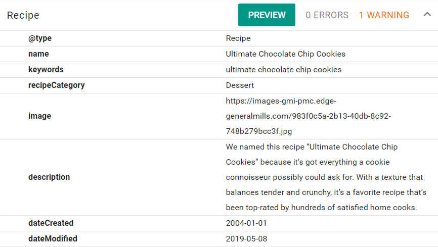 A screenshot of the backend of a website showcasing a recipe for chocolate chip cookies, including the image URL and description.