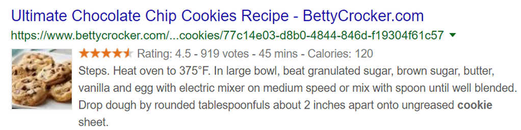 A screenshot of a Google search result for Betty Crocker's ultimate chocolate chip cookies recipe.