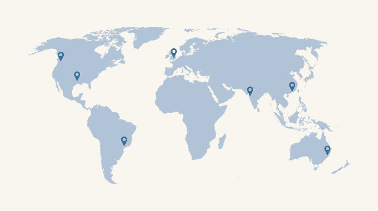 A basic map of the world showing pinpoints in each continent.