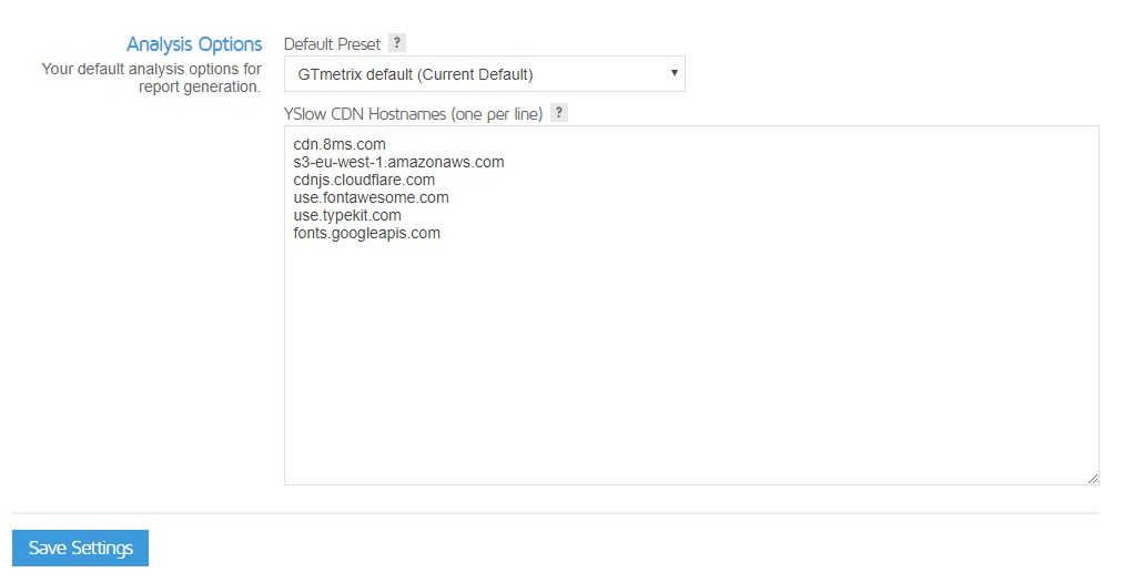 A screenshot of analysis options for GTmetrix.
