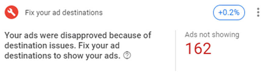 A warning message showing a selection of ads being disapproved because of destination issues that need to be fixed.