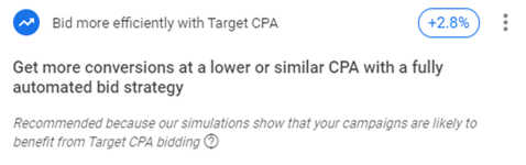 A pop up recommendation for paid media ads, explaining how to bid more effectively with Target CPA.