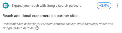 A pop up recommendation for paid media ads, explaining how expand reach with Google search partners.