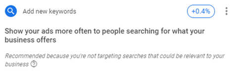 A pop up recommendation for paid media ads, explaining how to add more keywords to effectively target more users.