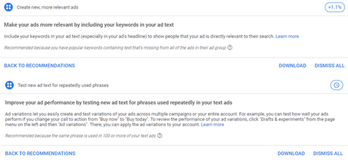 A screenshot of two paid media advert recommendations to include more relevant keywords and improve ad performance with new ad text.