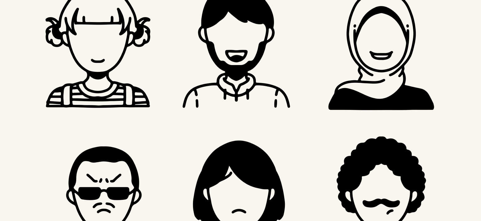 6 simple faceless drawings of people from different cultures.
