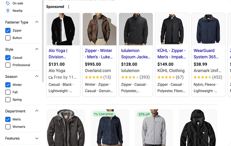 A screenshot of a google shopping results page for mens jackets.