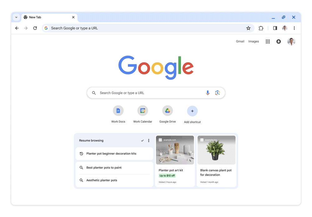 A screenshot of a new Google tab page displaying a section to 'resume browsing' that shows the user's most recent Google searches.