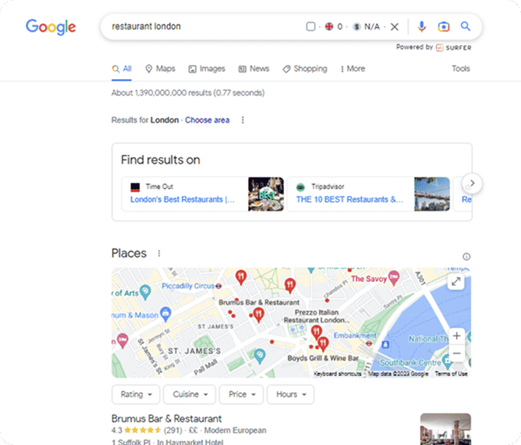 A Google search results page for the search "restaurant london".